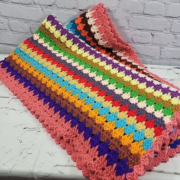 Vintage Handmade Afghan Multicolor Striped Crochet Blanket 75 X 50in Grannycore - Picture 4 of 4